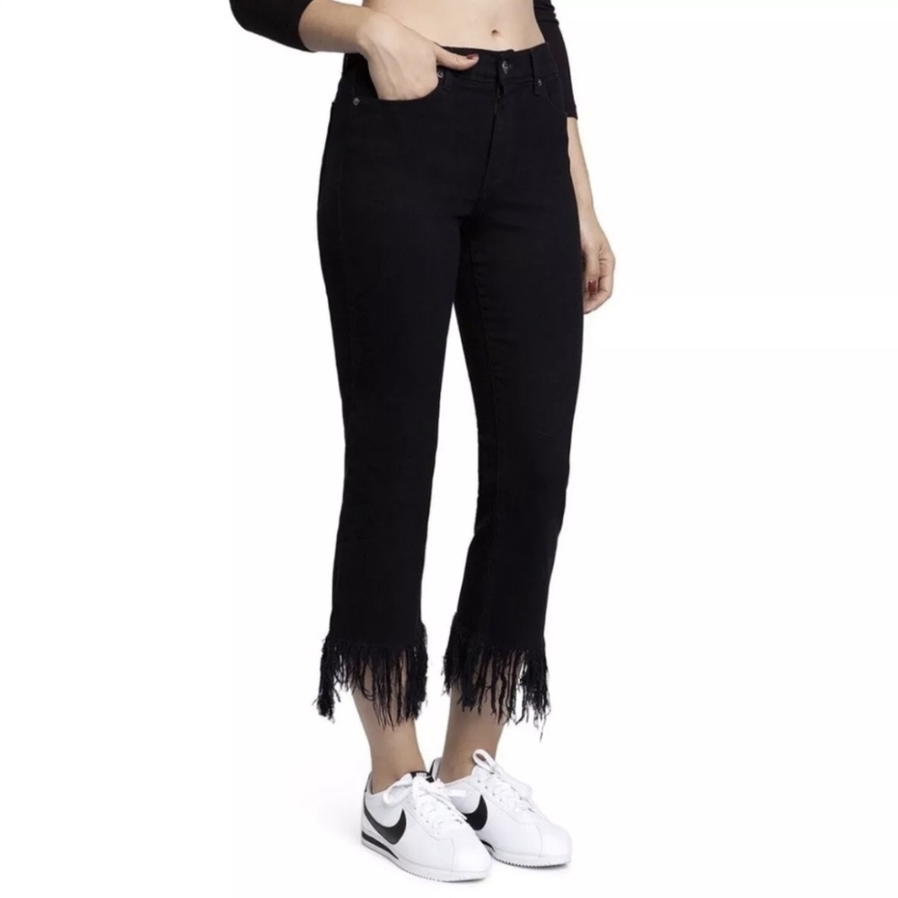 Ladies Pistola Distroyed Fray Hem Cropped Black Jeans Party Festival Straight 29